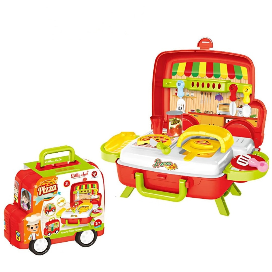 Set de jucarie Bucatarie portabila Macvi®, masinuta 2 in 1, 21 piese, cuptor functional si accesorii de gatit, rosu, 3+ ani