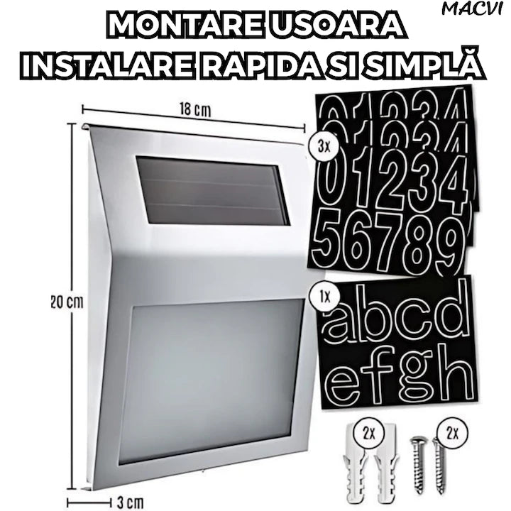 Placa Numar Casa Macvi® cu Iluminare Solara LED Montaj Exterior, Detectie Automata Noapte-Zi, Rezistenta la Intemperii, din Inox