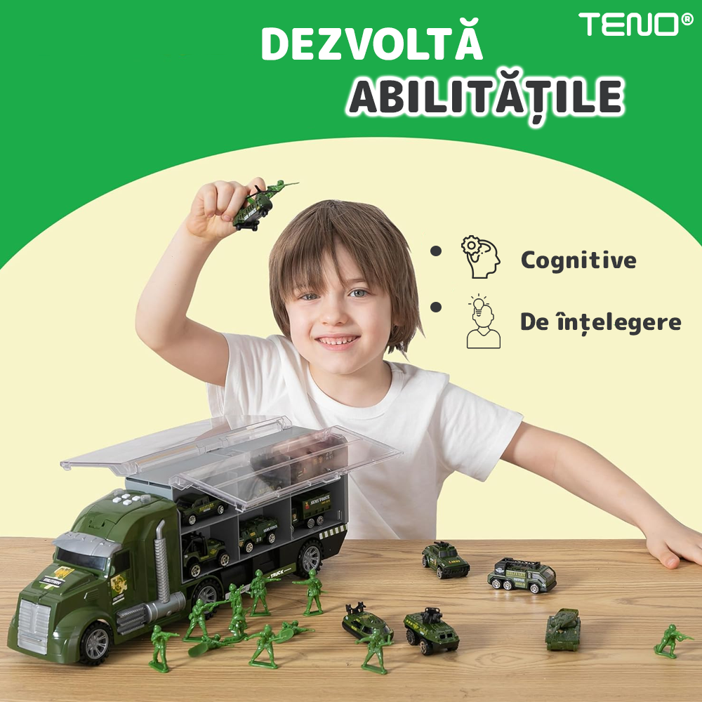 Set Camion Trailer de Jucarie pentru Transport Teno®, seria armata, 6 masinute incluse, tanc, masini blindate, accesorii mobile, lansator si rampa frontala, platforma tractare, verde