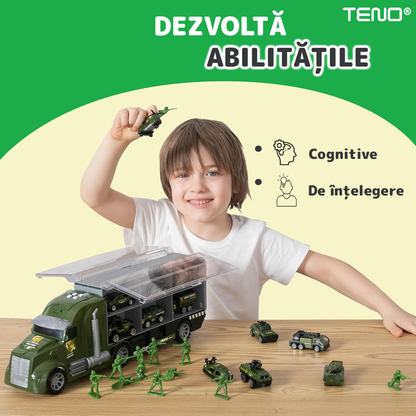 Set Camion Trailer de Jucarie pentru Transport Teno®, seria armata, 6 masinute incluse, tanc, masini blindate, accesorii mobile, lansator si rampa frontala, platforma tractare, verde
