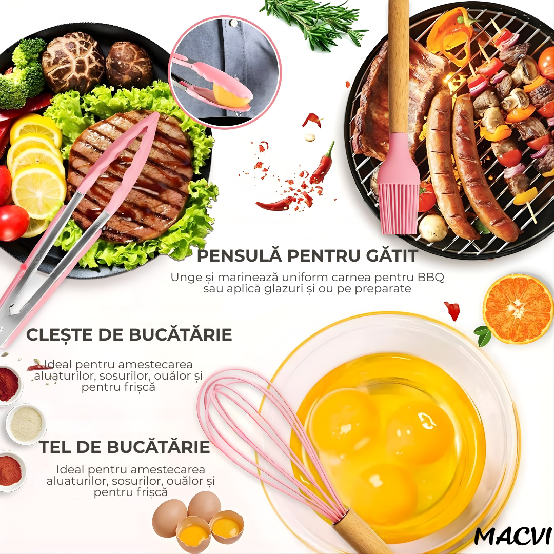 Set ustensile Macvi® bucatarie silicon premium 19 piese cu suport organizare cutite tocator linguri spatule fara BPA rezistente la temperaturi ridicate, Roz