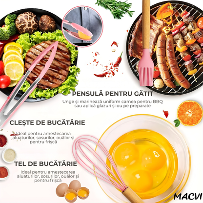 Set ustensile Macvi® bucatarie silicon premium 19 piese cu suport organizare cutite tocator linguri spatule fara BPA rezistente la temperaturi ridicate, Roz