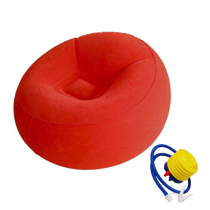 Fotoliu Gonflabil Macvi® Lazy Bag cu pompa inclusa, 110x110x85 cm, Confort Maxim, Portabila, pentru Interior si Exterior, Culoare Rosu
