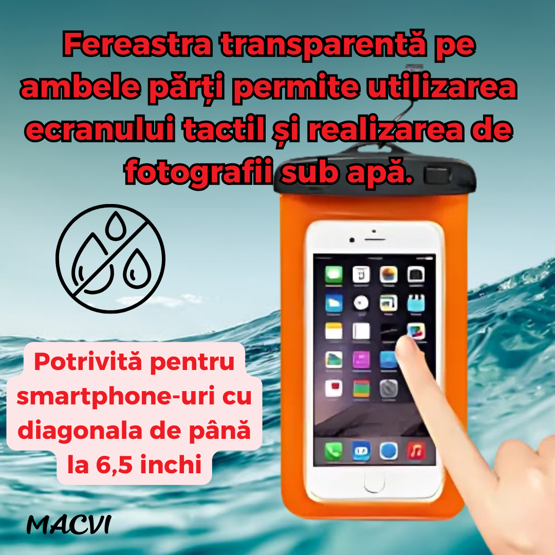 Husa Subacvatica Macvi® Portocalie Transparenta cu Snur pentru Smartphone-uri si Dispozitive de Pana la 6.7 Inch, Protectie Impermeabila si Design Ergonomic