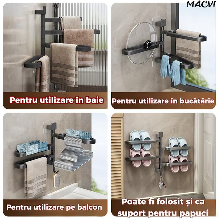 Suport prosoape Macvi® rotativ negru fara gaurire cu brate mobile si carlig integrat pentru baie sau bucatarie