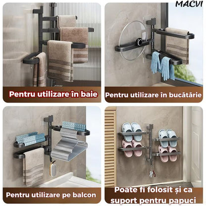 Suport prosoape Macvi® rotativ negru fara gaurire cu brate mobile si carlig integrat pentru baie sau bucatarie
