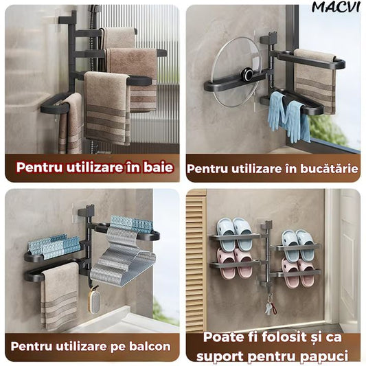 Suport prosoape Macvi® rotativ negru fara gaurire cu brate mobile si carlig integrat pentru baie sau bucatarie