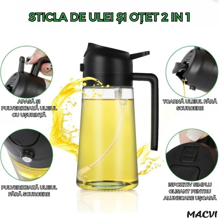 Sticla dozatoare ulei Macvi® 2 in 1, 470ml, cu pulverizator si turnare, control precis, sticla termorezistenta