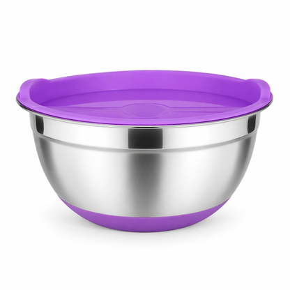 Castron Inox cu Capac si Baza Antiderapanta Macvi® 28 cm Bol Bucatarie, Otel Inoxidabil cu Capac Etans, Mov