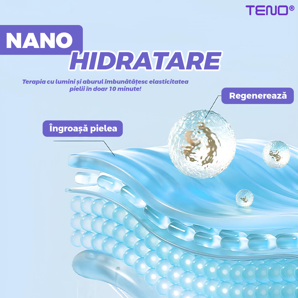 Dispozitiv de Infrumusetare cu Spray Teno®, 7 in 1, ingrijire faciala, tratament cu LED-uri cu 7 culori, intretinerea pielii, hidratare nano, pliabil, usor de utilizat, 205 LED-uri, alb