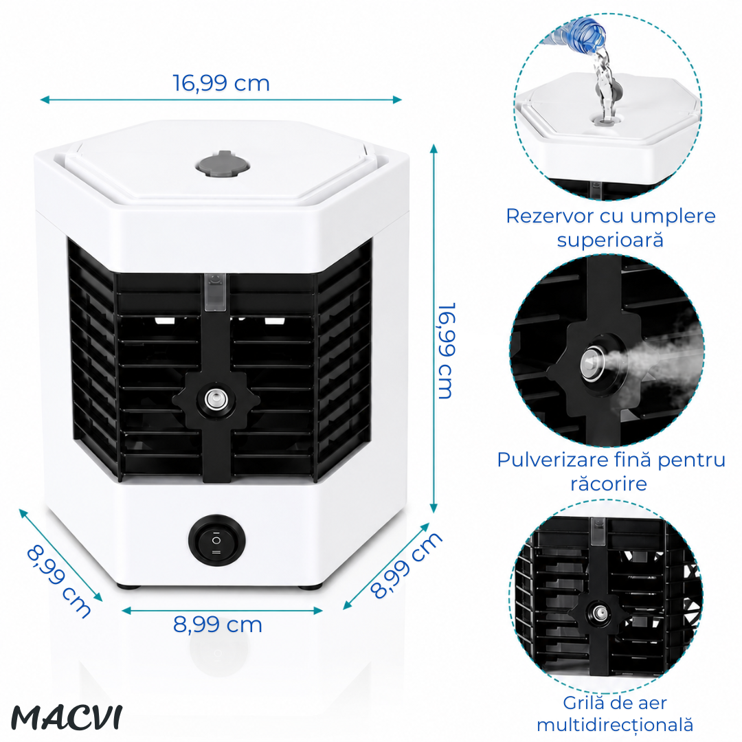 Mini aer condiționat portabil cu apă MACVI®, răcire, umidificare și purificare aer, 10W, USB, rezervor 400 ml, 2 trepte de viteză, autonomie până la 8 ore, alb
