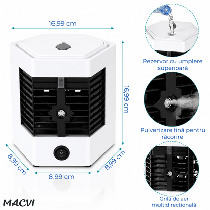 Mini aer condiționat portabil cu apă MACVI®, răcire, umidificare și purificare aer, 10W, USB, rezervor 400 ml, 2 trepte de viteză, autonomie până la 8 ore, alb