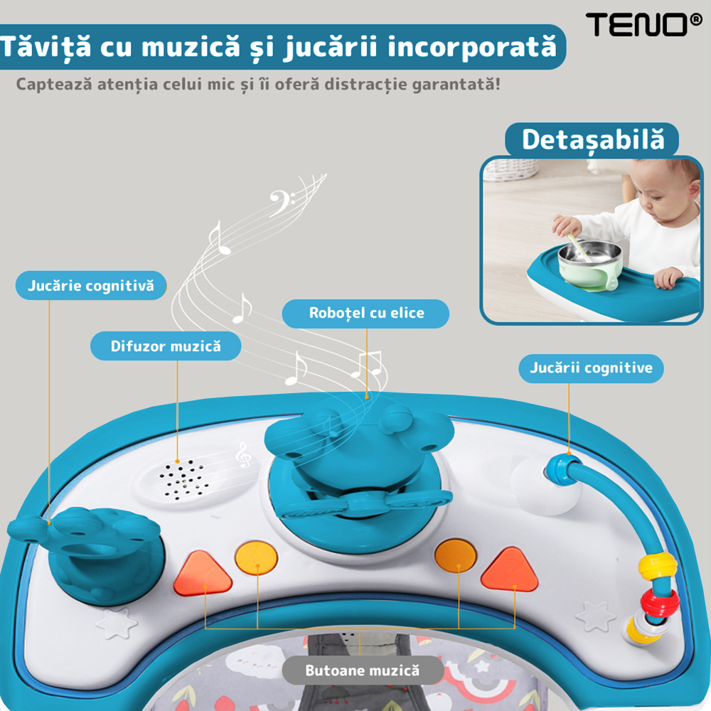 Premergator Multifunctional pentru Bebelusi Teno®, tava cu 3 jucarii, muzica, reglabil, pliabil, greutate max 20kg, 6-36 luni, albastru