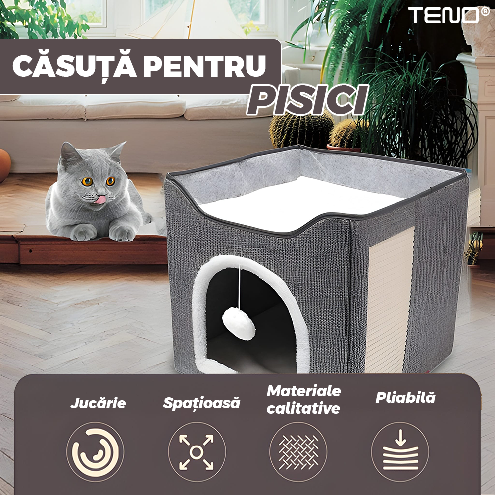 Casuta pentru Pisici Teno, pliabila, anti-alunecare, gri, 38x38cm