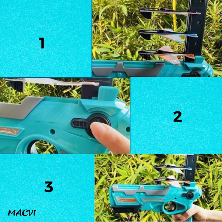 Pistol Lansator Macvi® cu 4 Avioane, Jucarie Interactiva pentru Copii, Design Usor si Sigur, Albastru