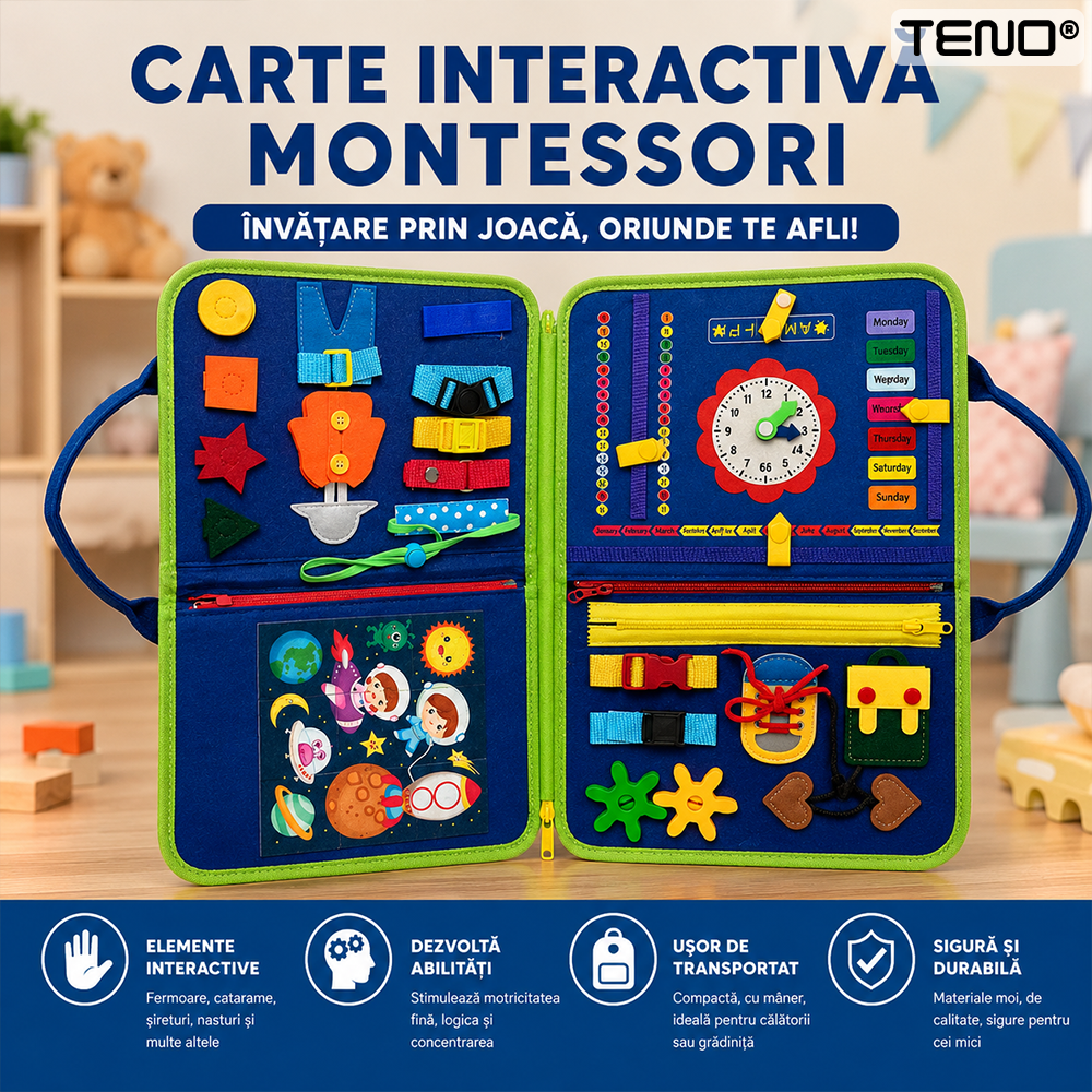 Carte Educativa cu Activitati Montessori Teno®, activitati senzoriale interactive, dezvoltarea abilitatilor motrice si atentiei, carte, mapa, tip gentuta cu multiple activitati, albastru