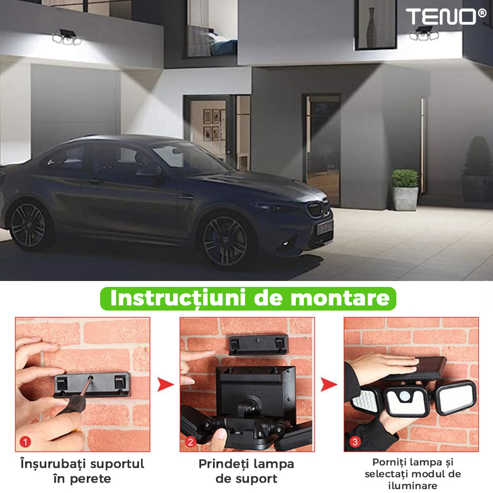 Lampa solara Teno, tripla, 72 LED-uri, senzor de miscare, protectie IP67, negru