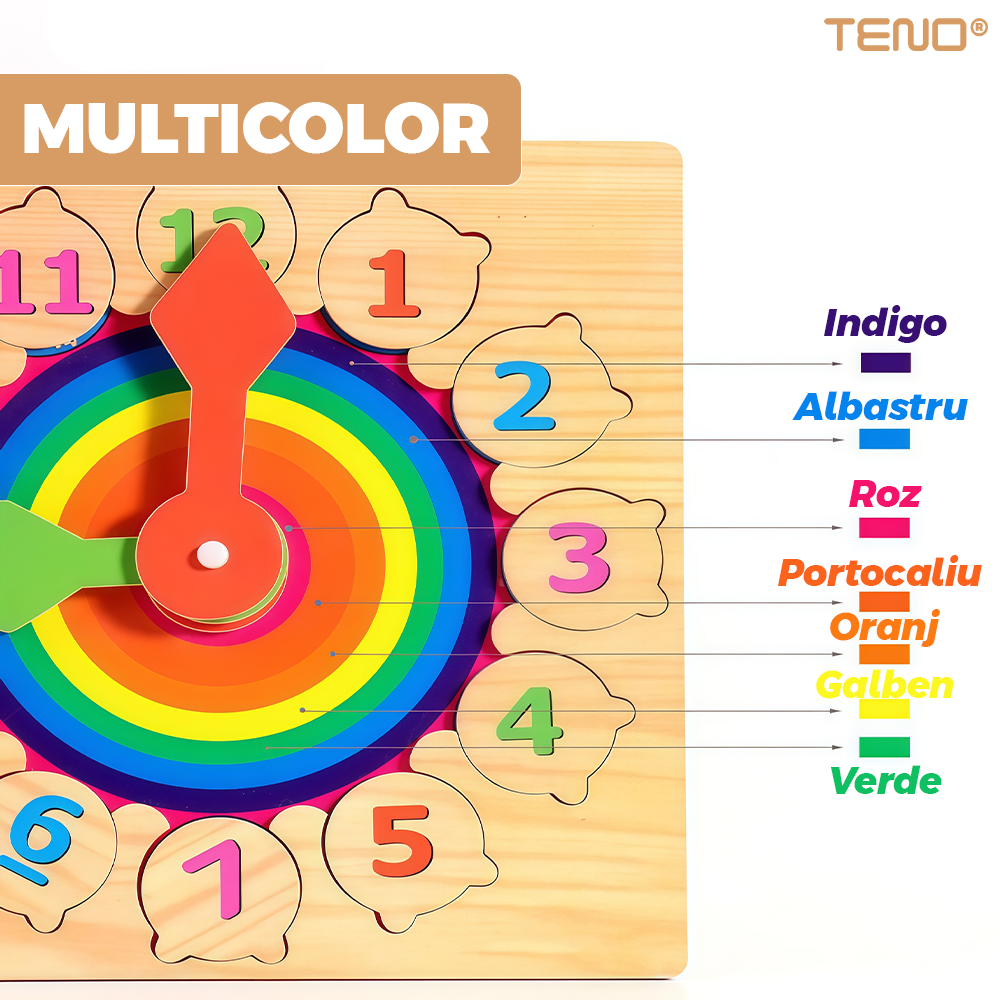 Ceas Educativ din Lemn Teno®, cifre detasabile, imagini ascunse cu animale, ace de ceasornic rotative, culorile curcubelui, +3 ani, multicolor