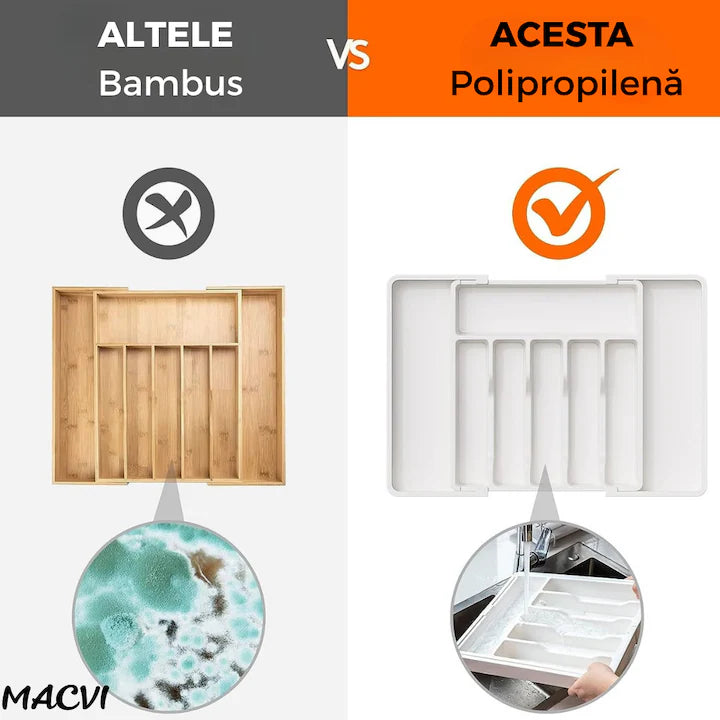 Organizator extensibil Macvi® 8 compartimente, pentru sertar, Sistem modular pentru tacamuri si ustensile de bucatarie, Alb