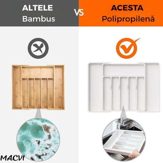 Organizator extensibil Macvi® 8 compartimente, pentru sertar, Sistem modular pentru tacamuri si ustensile de bucatarie, Alb