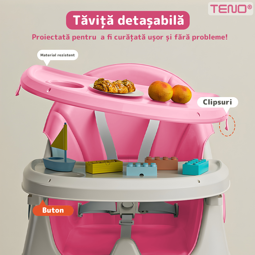 Scaun de Masa 3in1 pentru Bebelusi si Copii Teno®, centura de siguranta in 5 puncte, tavita reglabila si detasabila, loc depozitare jucarii, roz pastel