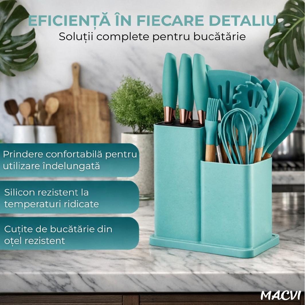 Set ustensile Macvi® bucatarie silicon premium 19 piese cu suport organizare cutite tocator linguri spatule fara BPA rezistente la temperaturi ridicate, Turcoaz