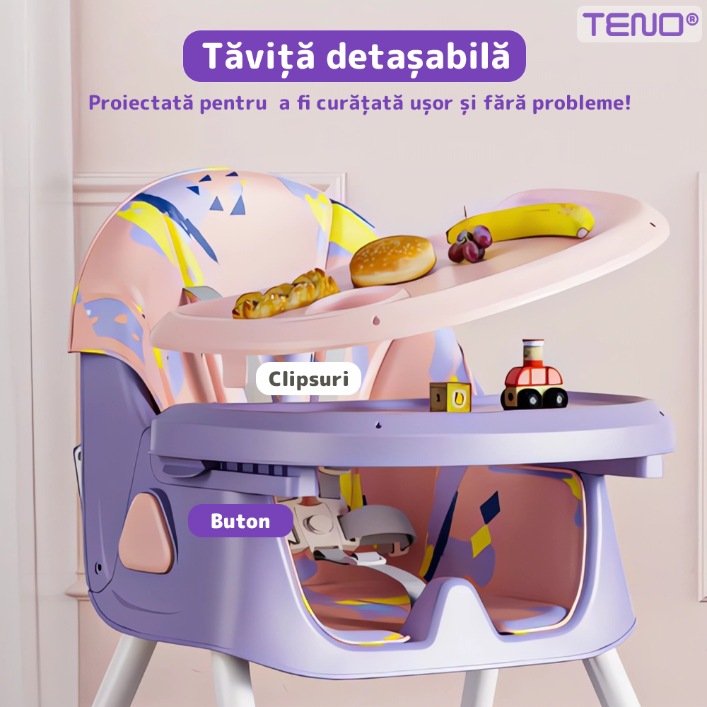 Scaun de Masa 3in1 pentru Bebelusi si Copii Teno®, centura de siguranta in 5 puncte, tavita reglabila si detasabila, loc depozitare jucarii, roz/mov