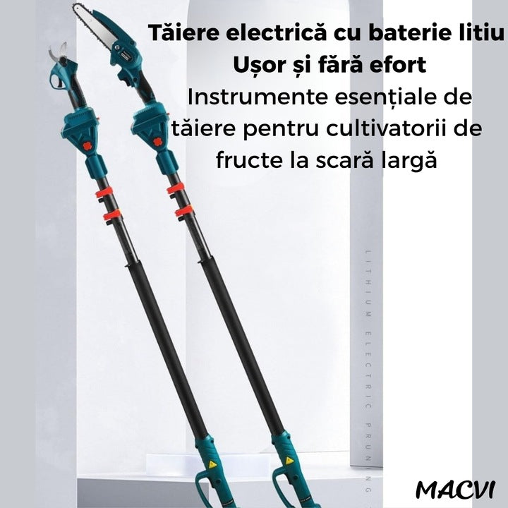 Set Macvi® Foarfeca Electrica si Drujba cu Brat Extensibil, Taiere Rapida si Usoara la Inaltime, Acumulator Inclus