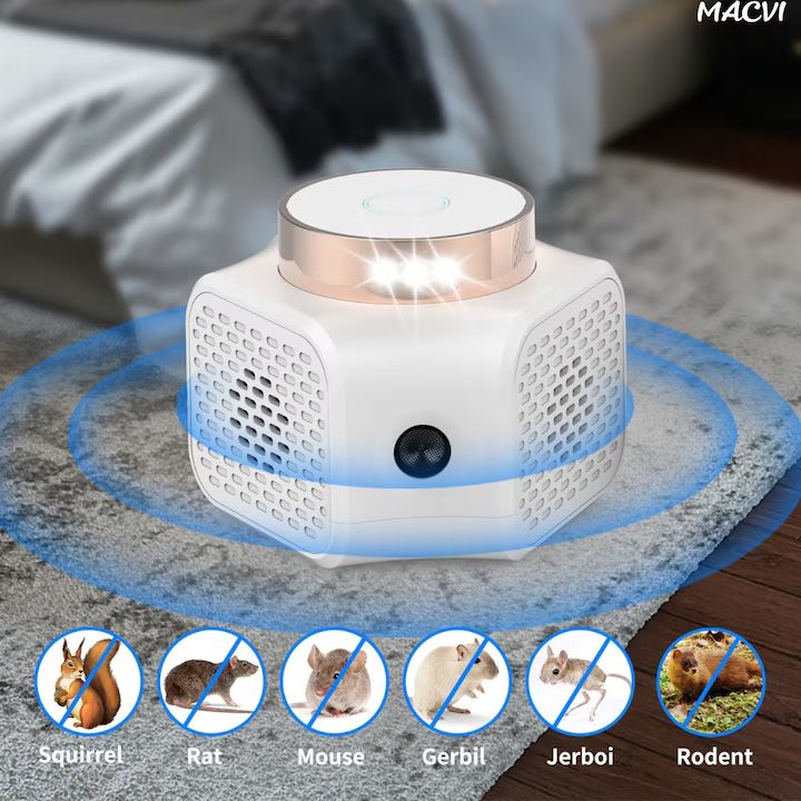 Aparat Macvi® cu ultrasunete anti-daunatori, 360°, ultrasunete duale, 120 mp, frecventa 22-35/25 kHz, sigur pentru animale, alb