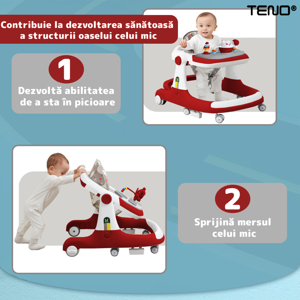 Premergator Multifunctional pentru Bebelusi Teno®, tava cu 3 jucarii, pisica, muzica, reglabil, pliabil, greutate max 20kg, 6-36 luni, rosu
