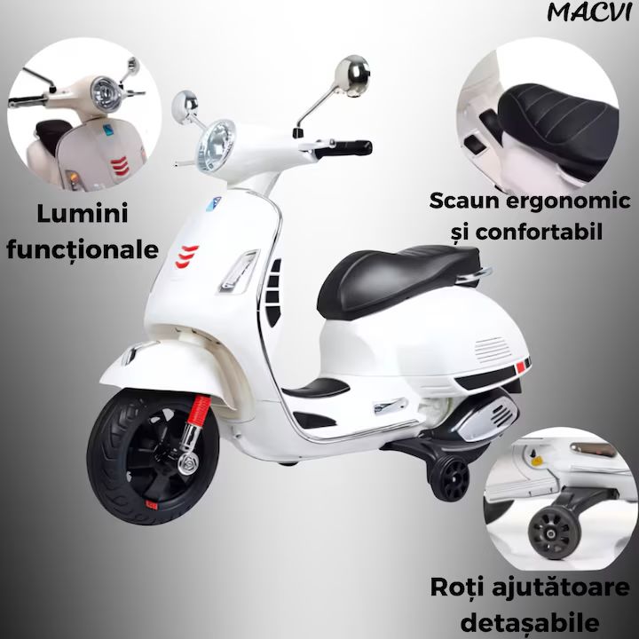 Scuter electric Macvi® pentru copii 3-8 ani, design realist Vespa, cu 2 baterii reincarcabile 6V, lumini functionale, roti ajutatoare, sistem audio si oglinzi, pana la 6 km/h, Alb