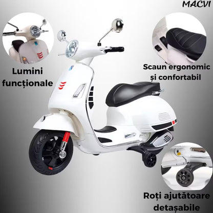 Scuter electric Macvi® pentru copii 3-8 ani, design realist Vespa, cu 2 baterii reincarcabile 6V, lumini functionale, roti ajutatoare, sistem audio si oglinzi, pana la 6 km/h, Alb