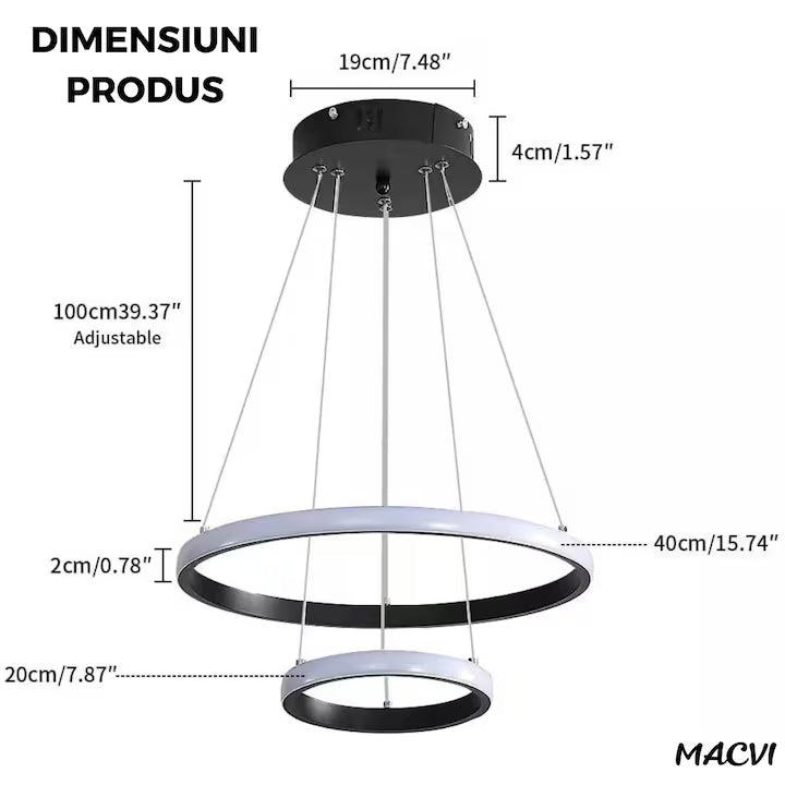 Lustra LED Macvi® Moderna 27W, Design Circular Minimalist, Ø20-40 cm, Alb Rece 6500K, 220V, Negru, pentru Living, Dormitor, Birou