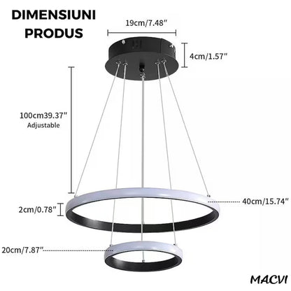 Lustra LED Macvi® Moderna 27W, Design Circular Minimalist, Ø20-40 cm, Alb Rece 6500K, 220V, Negru, pentru Living, Dormitor, Birou