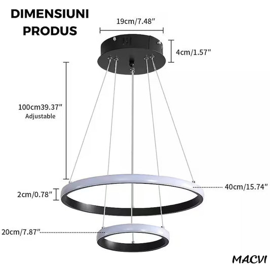 Lustra LED Macvi® Moderna 27W, Design Circular Minimalist, Ø20-40 cm, Alb Rece 6500K, 220V, Negru, pentru Living, Dormitor, Birou