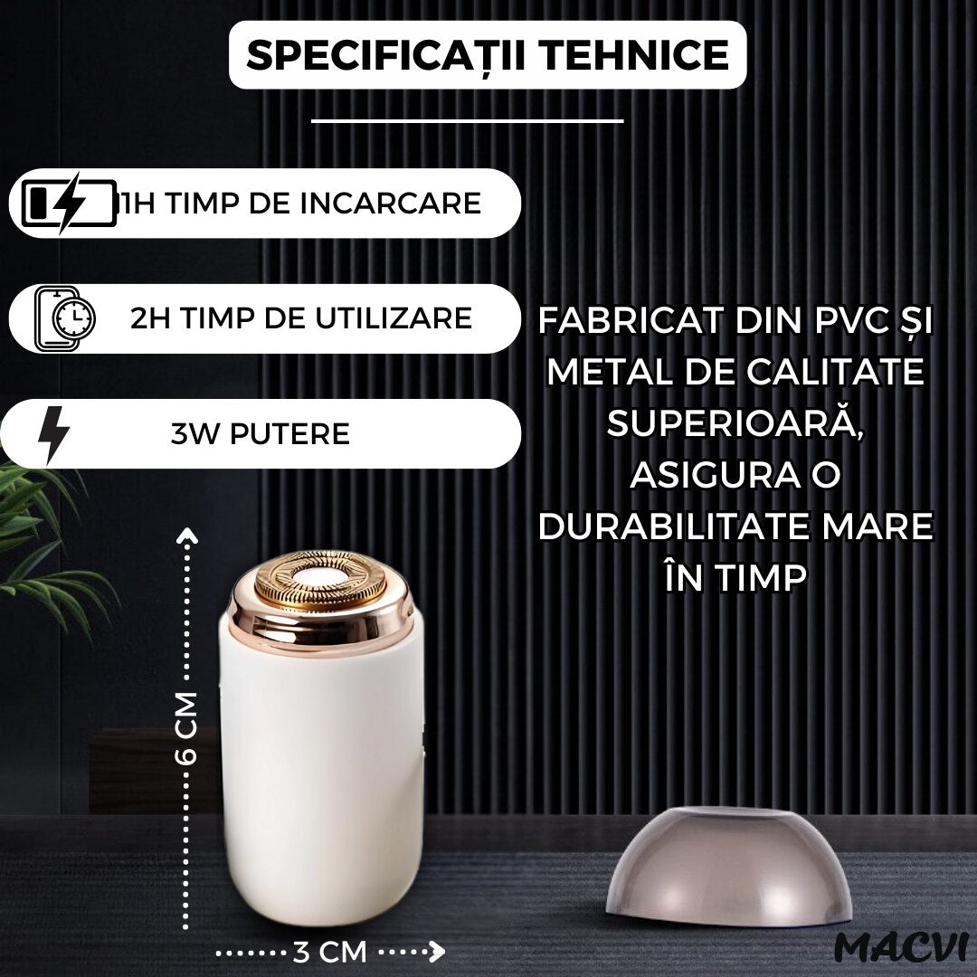 Mini aparat de ras portabil Macvi®, Depilare rapida si eficienta, incarcare USB, autonomie 60 minute, Alb