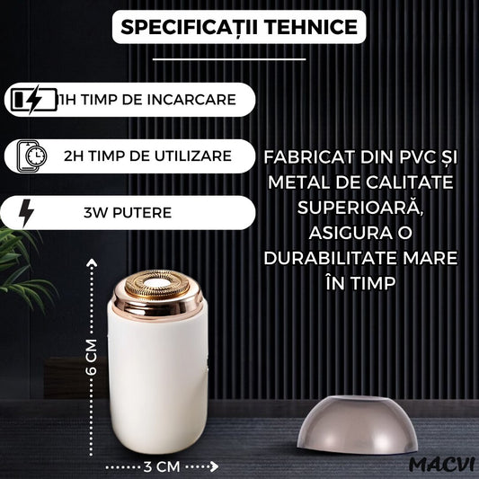 Mini aparat de ras portabil Macvi®, Depilare rapida si eficienta, incarcare USB, autonomie 60 minute, Alb