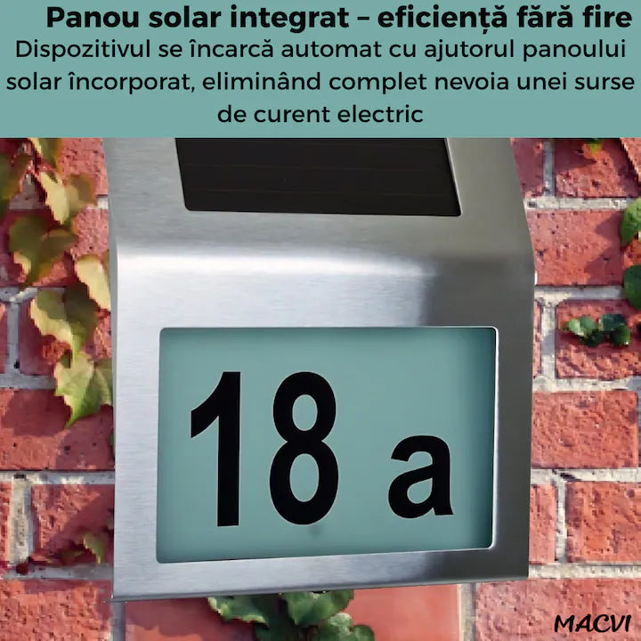 Placa Numar Casa Macvi® cu Iluminare Solara LED Montaj Exterior, Detectie Automata Noapte-Zi, Rezistenta la Intemperii, din Inox