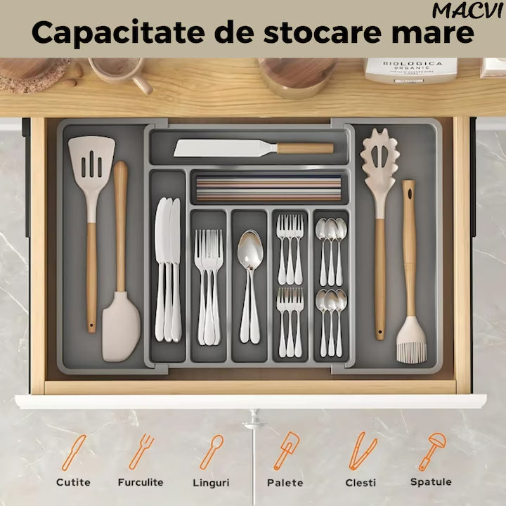 Organizator extensibil Macvi® 8 compartimente, pentru sertar, Sistem modular pentru tacamuri si ustensile de bucatarie, Gri