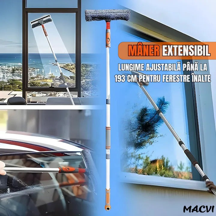 Stergator geamuri Macvi® profesional, maner extensibil pana la 193 cm, pulverizare apa, laveta microfibra inclusa, curatare fara urme