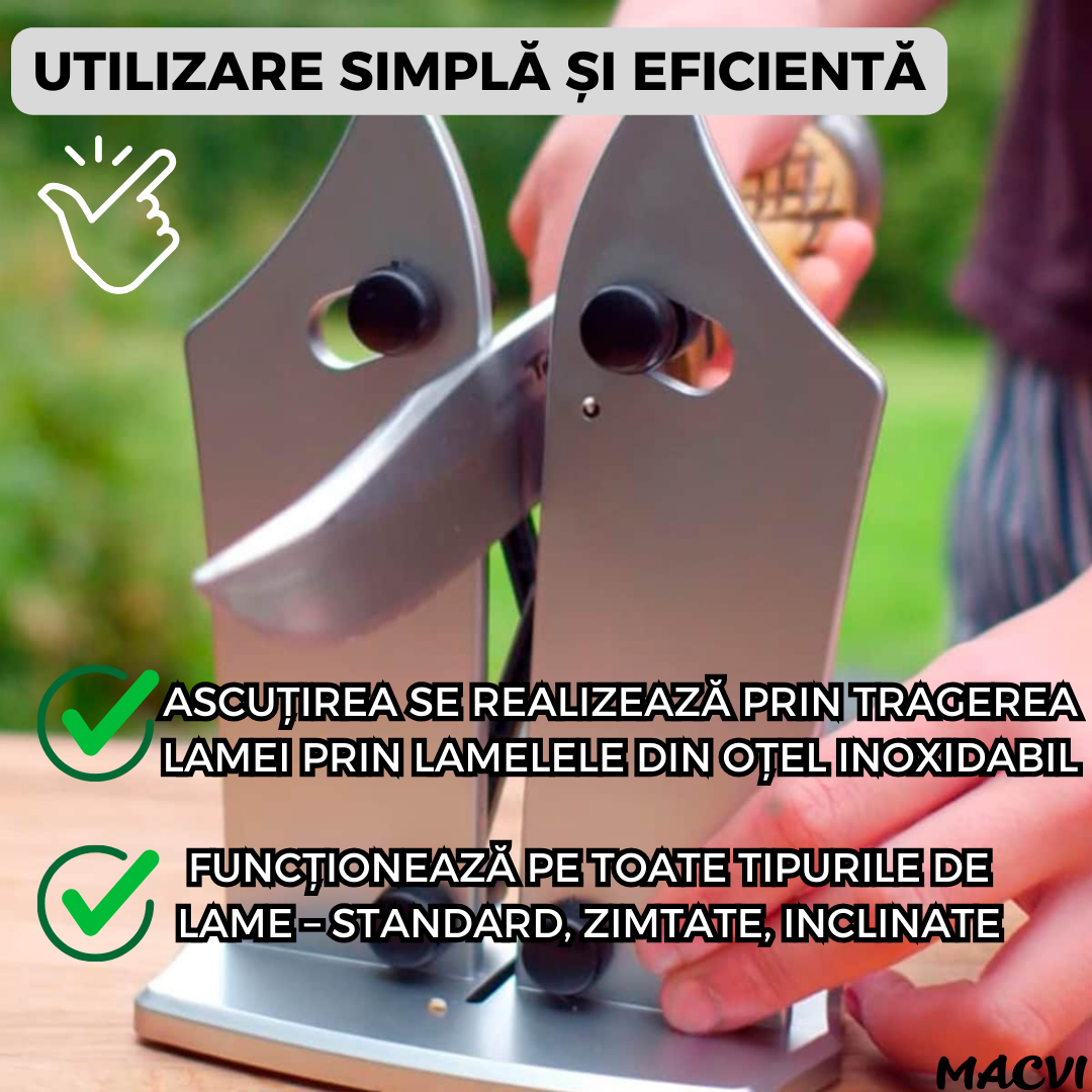 Ascutitor Manual Cutite, Macvi®, Profesional, Metal Otel, Carbura, Ergonomic, Rapid, Antialunecare, Bucatarie, Argintiu Negru