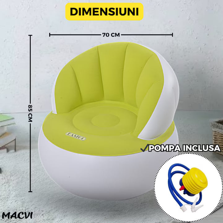 Scaun gonflabil confortabil cu pompa inclusa, design modern, dimensiuni 85x70 cm, ideal pentru interior si exterior, GALBEN