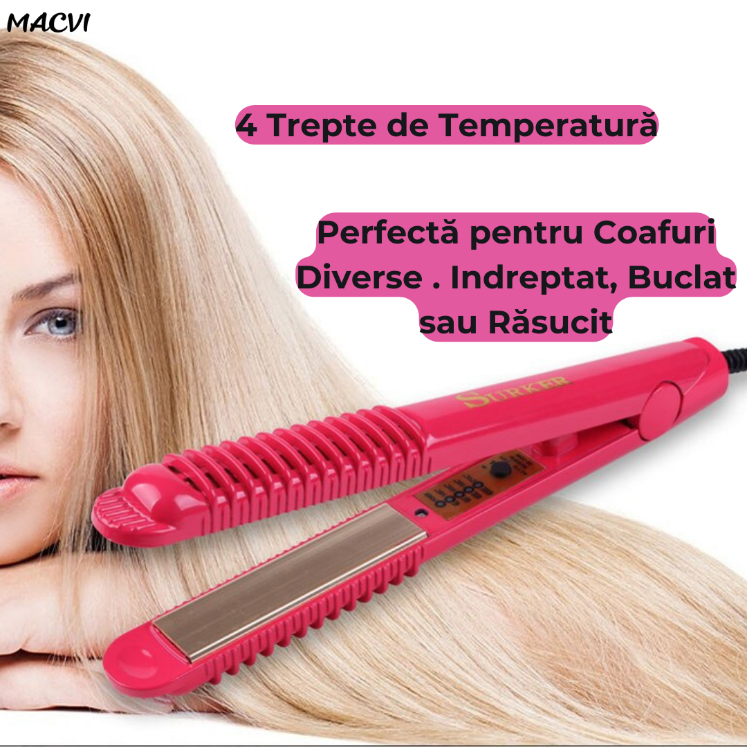Placa pentru Indreptat Parul Macvi® cu Placi Ceramice, 4 Trepte de Temperatura, Roz, Alimentare la Retea