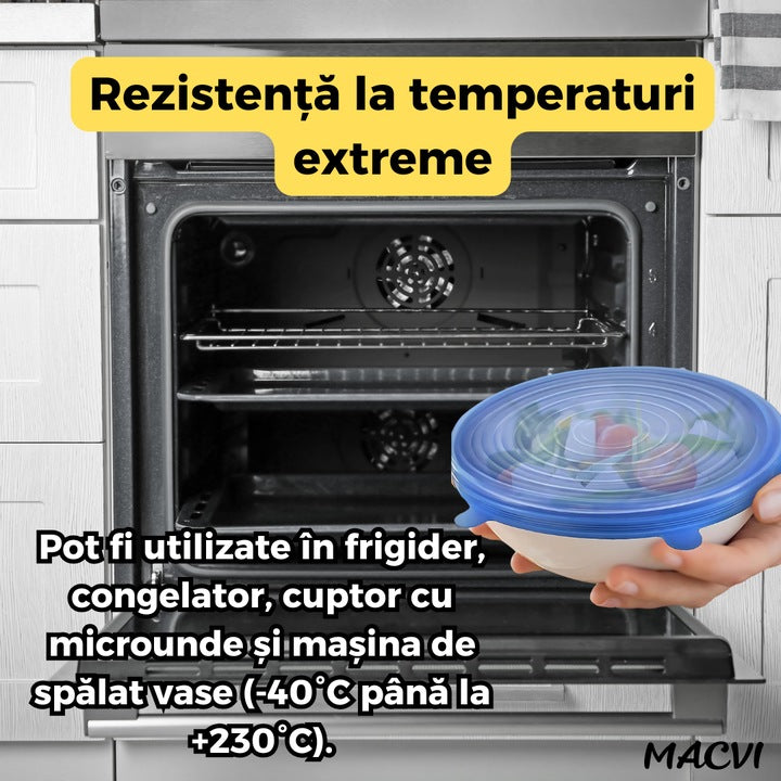 Set 6 Capace din Silicon Flexibil Macvi® Reutilizabile, Etanse, pentru Pastrarea Alimentelor, Albastru si Transparent