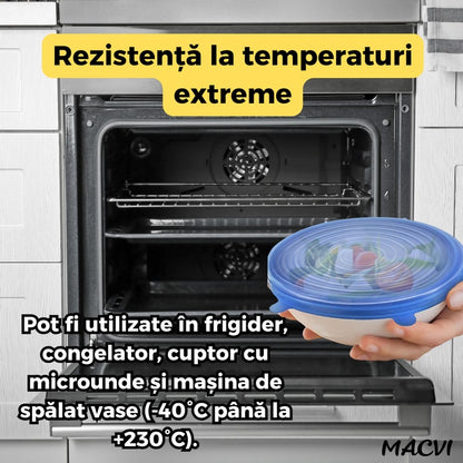 Set 6 Capace din Silicon Flexibil Macvi® Reutilizabile, Etanse, pentru Pastrarea Alimentelor, Albastru si Transparent