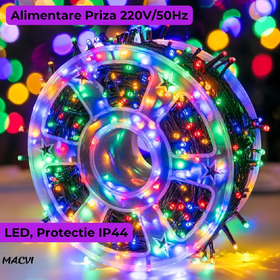 Instalatie Luminoasa LED de Craciun Macvi® pentru Interior si Exterior, 50M, LED, Multicolor, Rezistenta la Ceata