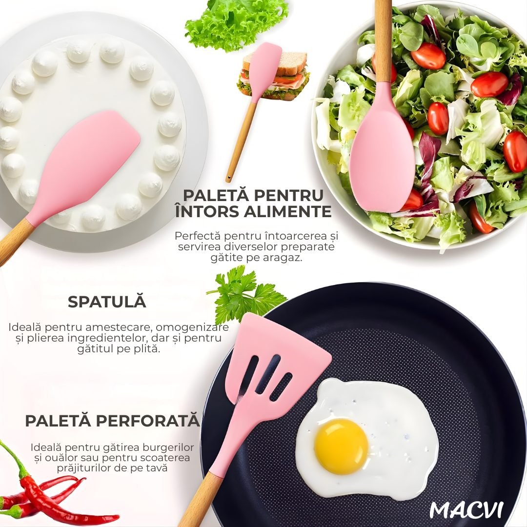 Set ustensile Macvi® bucatarie silicon premium 19 piese cu suport organizare cutite tocator linguri spatule fara BPA rezistente la temperaturi ridicate, Roz