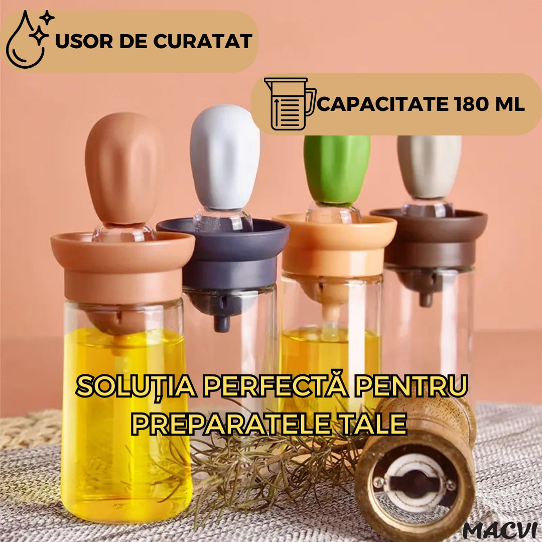 Sticla pentru ulei Macvi® cu pensula din silicon, scala precisa, rezistenta la caldura, usor de curatat, ideala pentru gatit, copt si grill, Multicolor