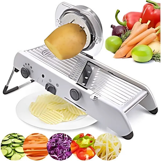 Razatoare Multifunctionala Macvi® pentru legume si fructe, 18 taieturi diferite, lame inox, reglabila 1-7 mm, ergonomica, gri