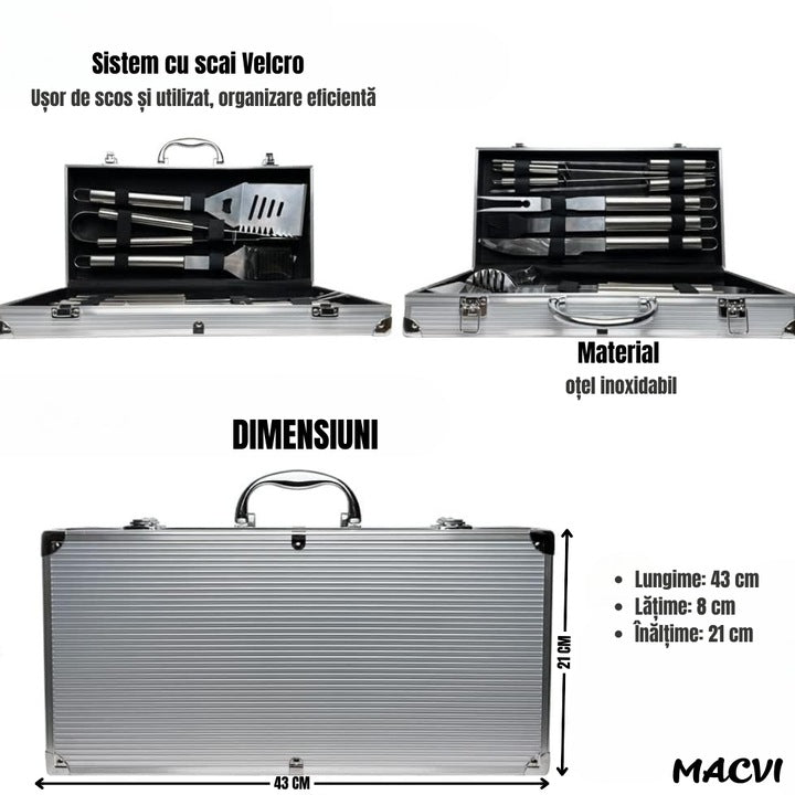 Set 10 ustensile pentru gratar Macvi® din otel inoxidabil premium, geanta transport aluminiu captusita, accesorii pentru un gratar reusit